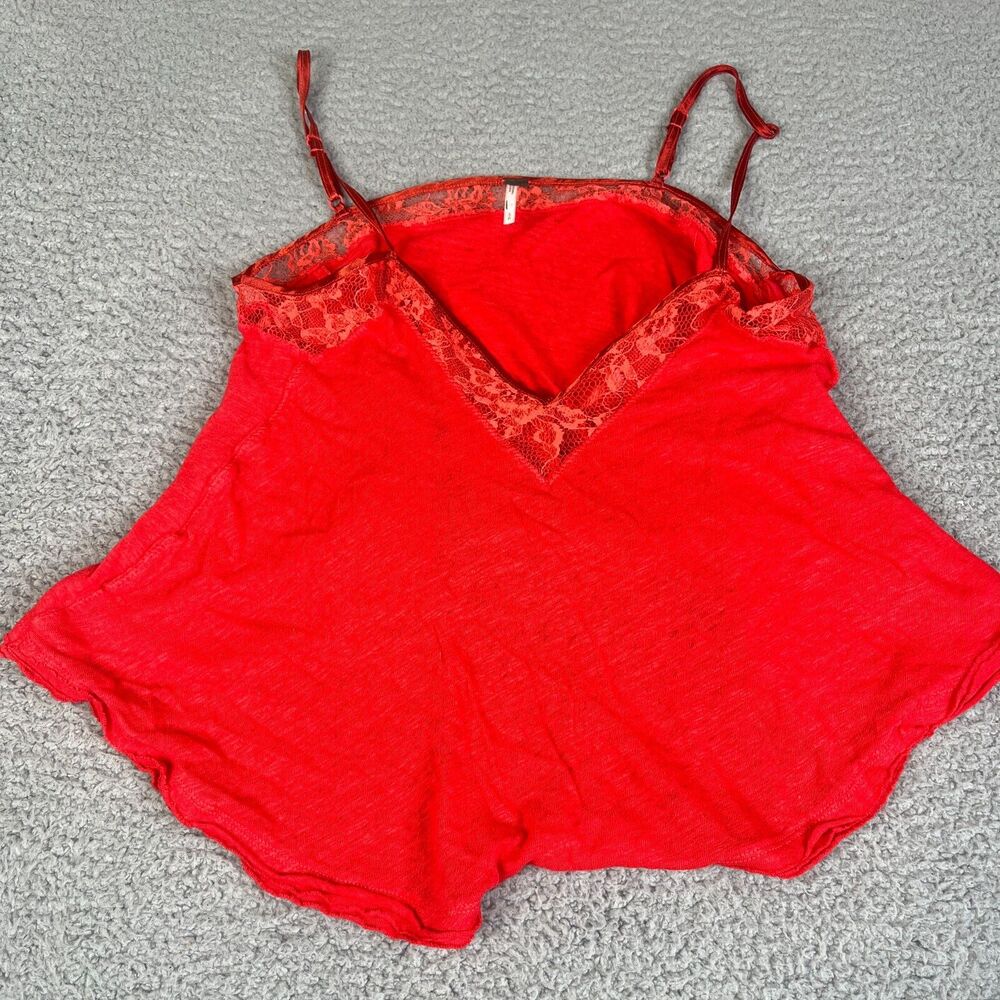 Free People Top Womens Small Red Linen Blend Lace V Neck  Crop Flowy Straps